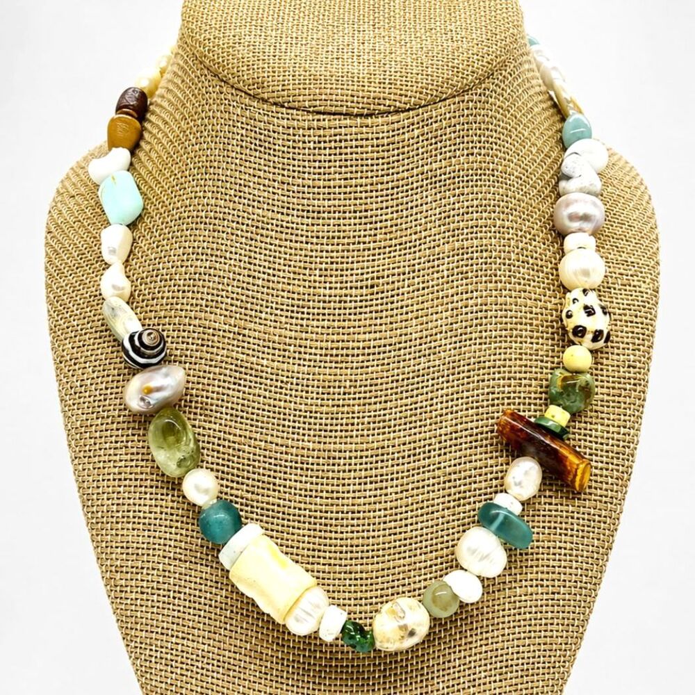 ARTISAN BEADED NECKLACE Pearl Shell Wood Glass Boho Coastal Statement 18"